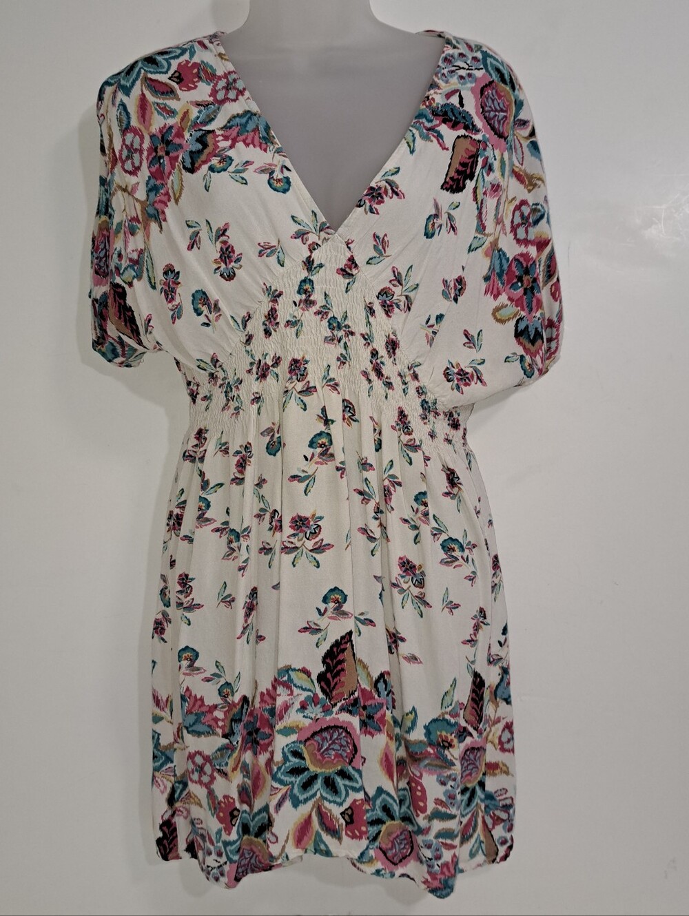 Angie White Floral V-Neck Smocked Mini Dress with Pink & Teal Accents